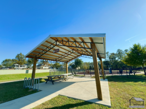 Welcoming 20x20 pole barn in the neighborhood park.