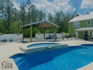 Inviting 20x20 pole barn serving as a poolside cabana.